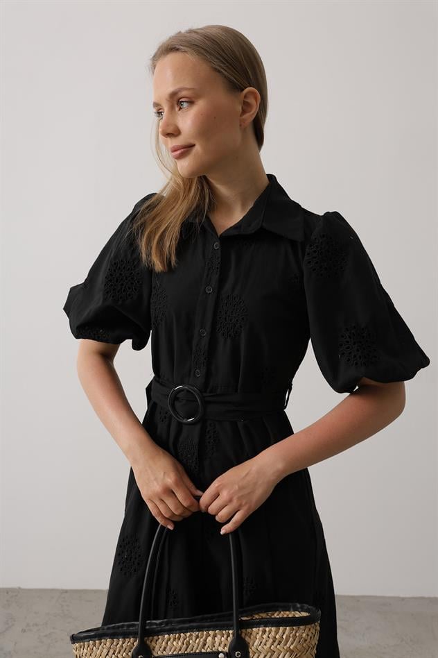 Balon Kol Kemerli Brode Elbise - Siyah