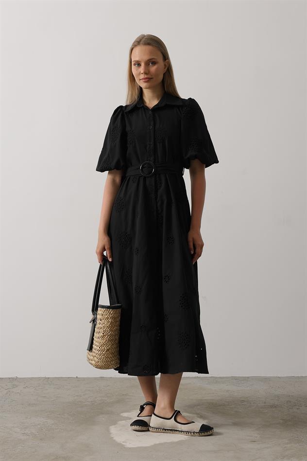 Balon Kol Kemerli Brode Elbise - Siyah