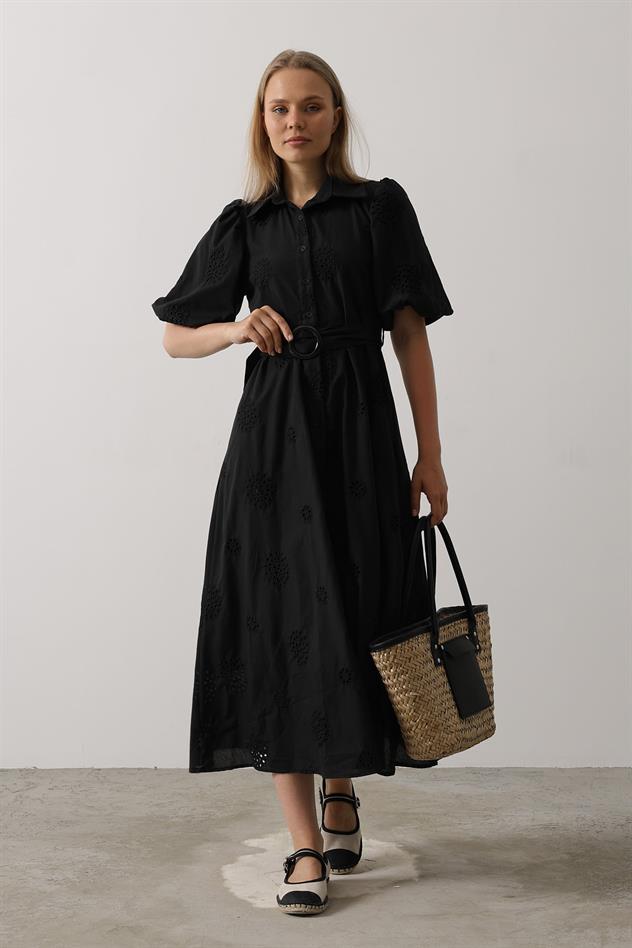 Balon Kol Kemerli Brode Elbise - Siyah