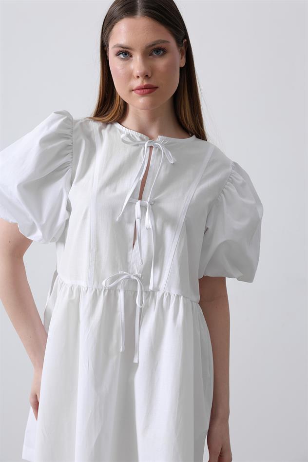 Balon Kol Kurdale Detaylı Elbise - Beyaz