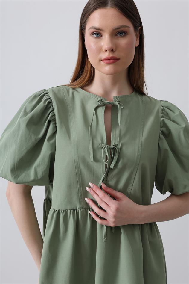 Balon Kol Kurdale Detaylı Elbise - Haki