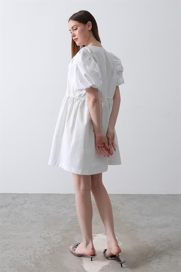 Balon Kol Kurdale Detaylı Elbise - Beyaz