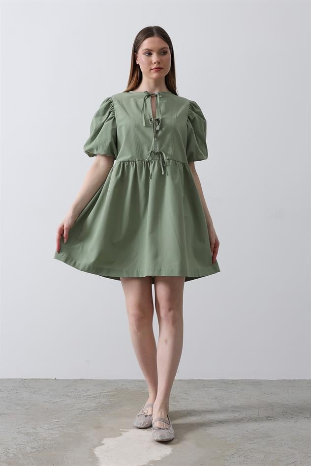 Balon Kol Kurdale Detaylı Elbise - Haki