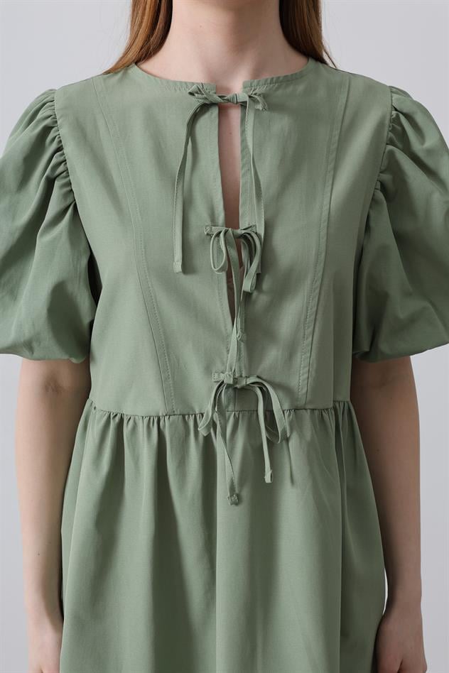 Balon Kol Kurdale Detaylı Elbise - Haki