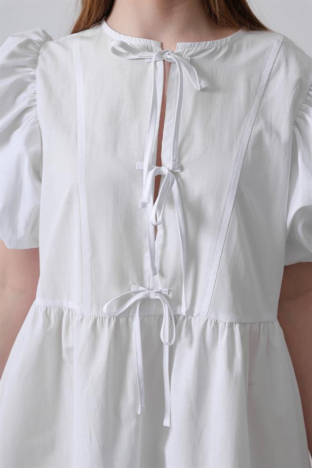 Balon Kol Kurdale Detaylı Elbise - Beyaz