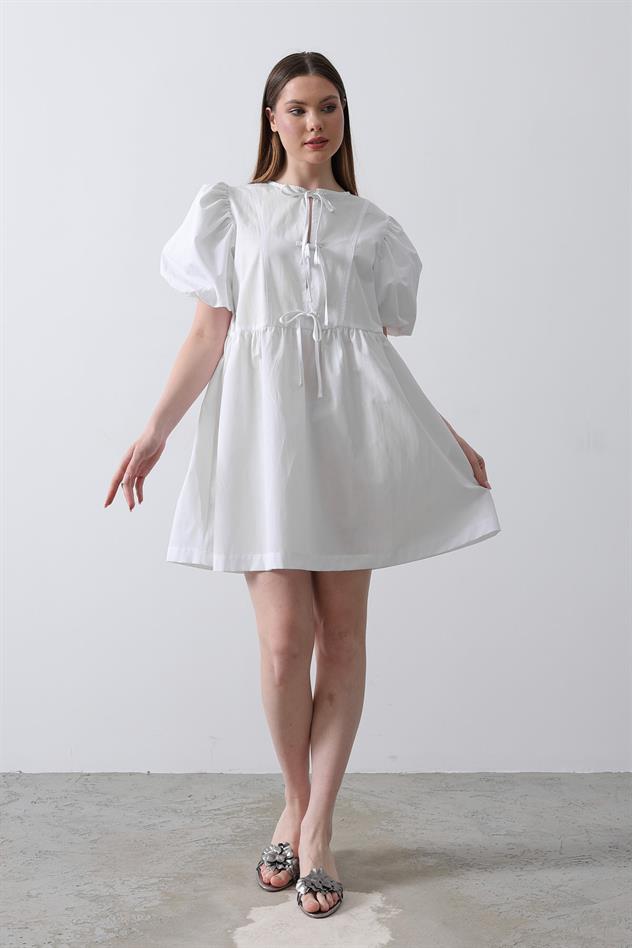 Balon Kol Kurdale Detaylı Elbise - Beyaz