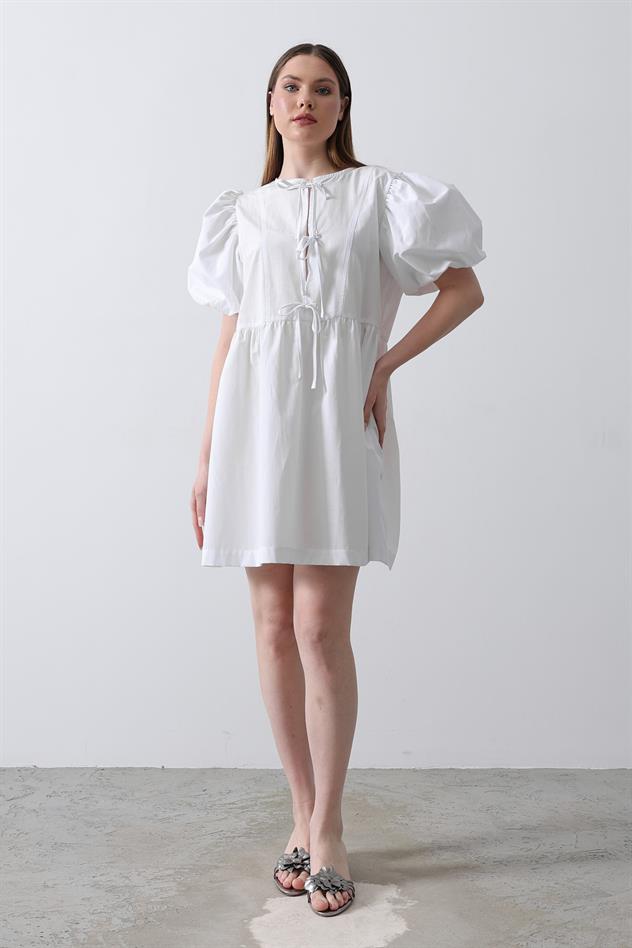 Balon Kol Kurdale Detaylı Elbise - Beyaz