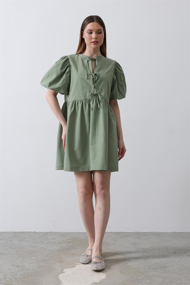 Balon Kol Kurdale Detaylı Elbise - Haki