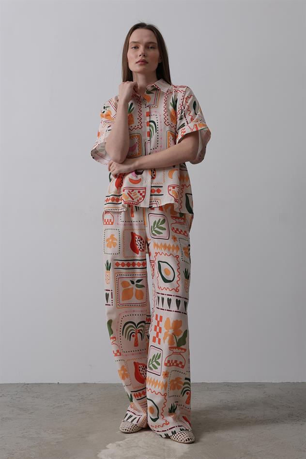 Baskılı Kısa Kol Pantolon Takım - Taş-Oranj