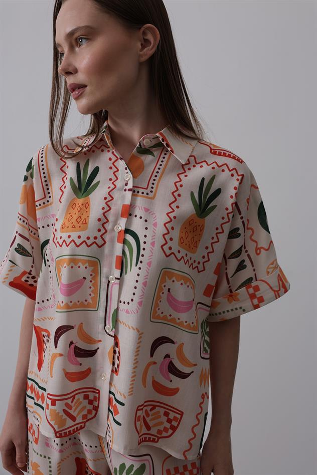 Baskılı Kısa Kol Pantolon Takım - Taş-Oranj