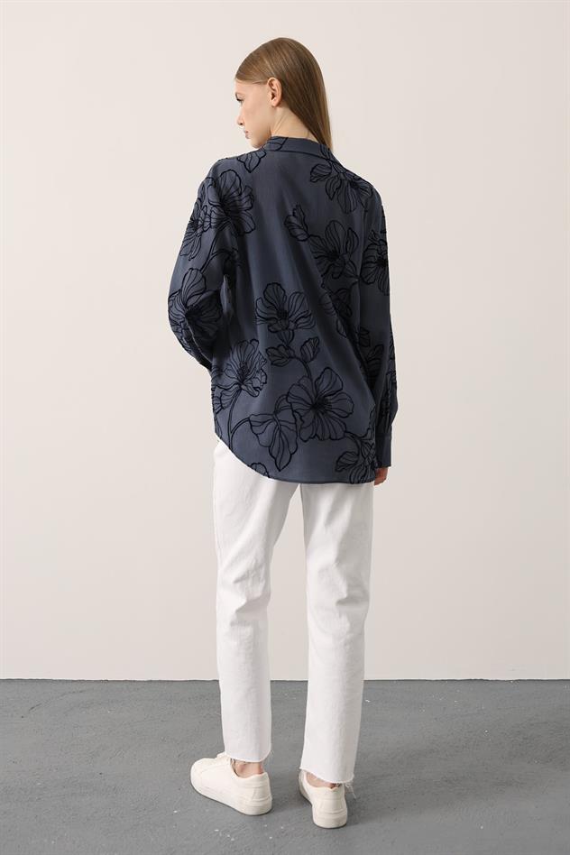 BASKILI OVERSİZE GÖMLEK - Mavi