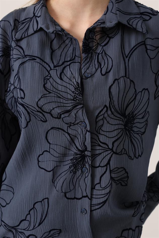 BASKILI OVERSİZE GÖMLEK - Mavi