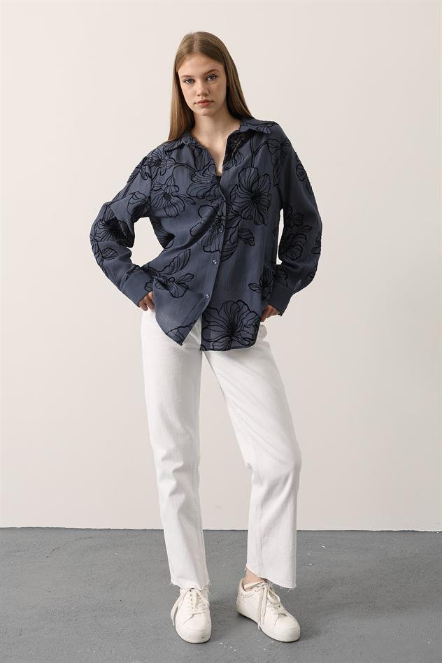 BASKILI OVERSİZE GÖMLEK - Mavi