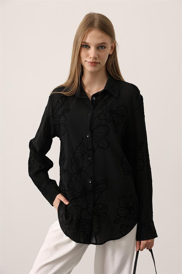 BASKILI OVERSİZE GÖMLEK - Siyah