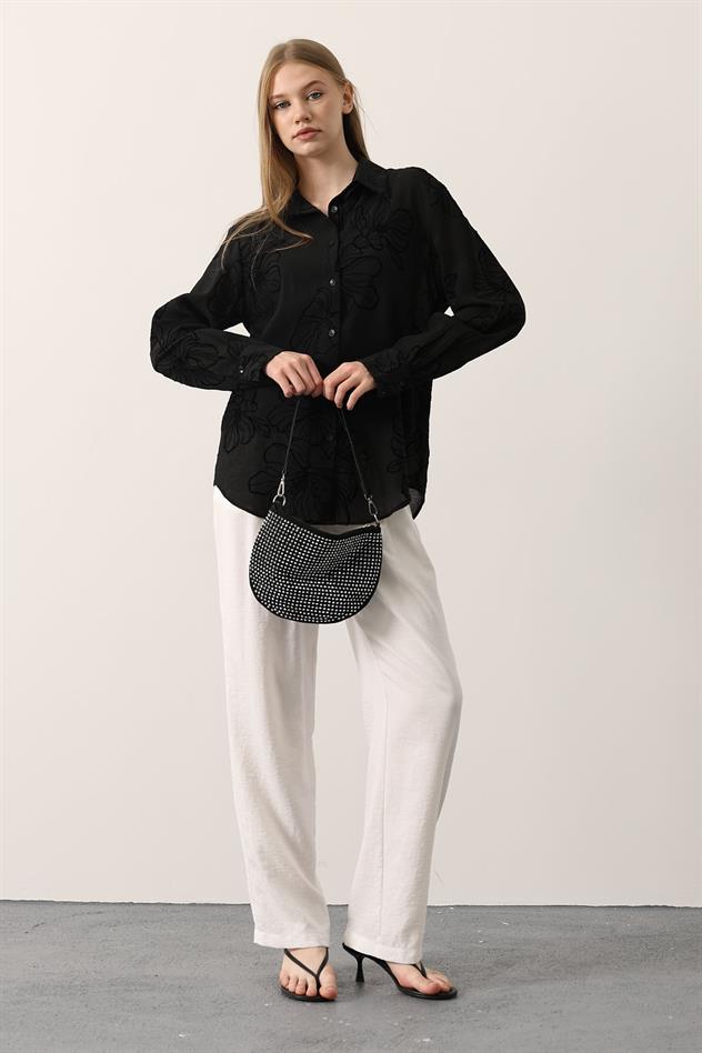 BASKILI OVERSİZE GÖMLEK - Siyah