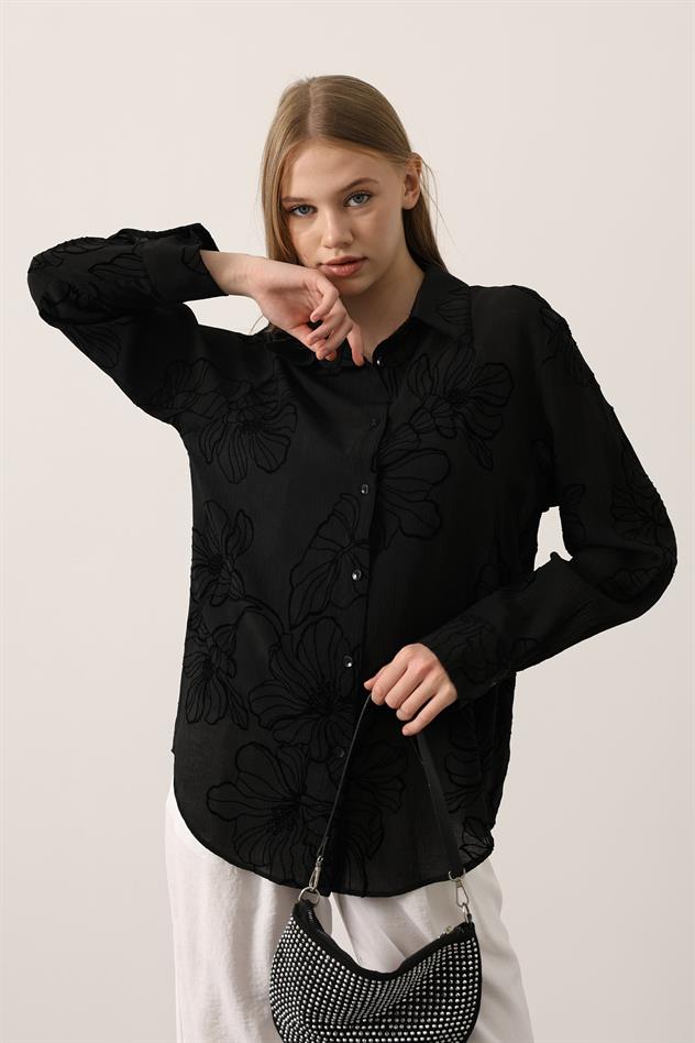 BASKILI OVERSİZE GÖMLEK - Siyah