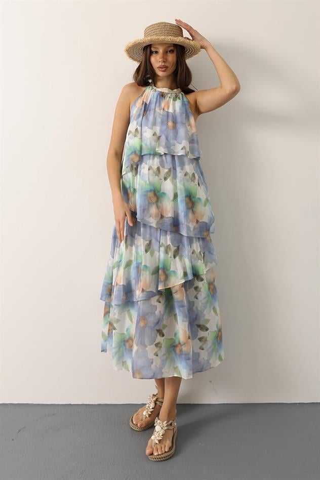 Baskılı Yaka Detaylı Kat Kat Elbise - Mavi