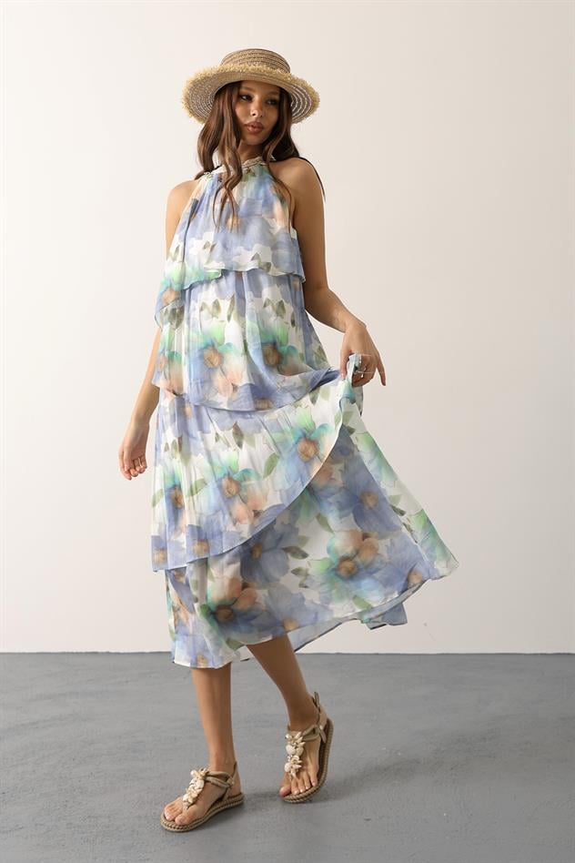 Baskılı Yaka Detaylı Kat Kat Elbise - Mavi