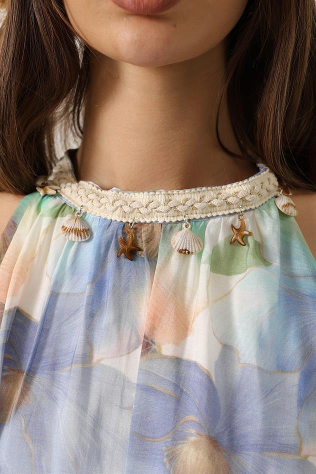 Baskılı Yaka Detaylı Kat Kat Elbise - Mavi