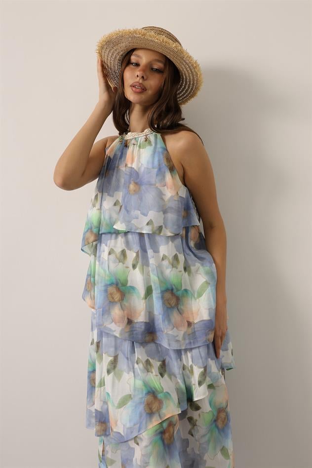 Baskılı Yaka Detaylı Kat Kat Elbise - Mavi