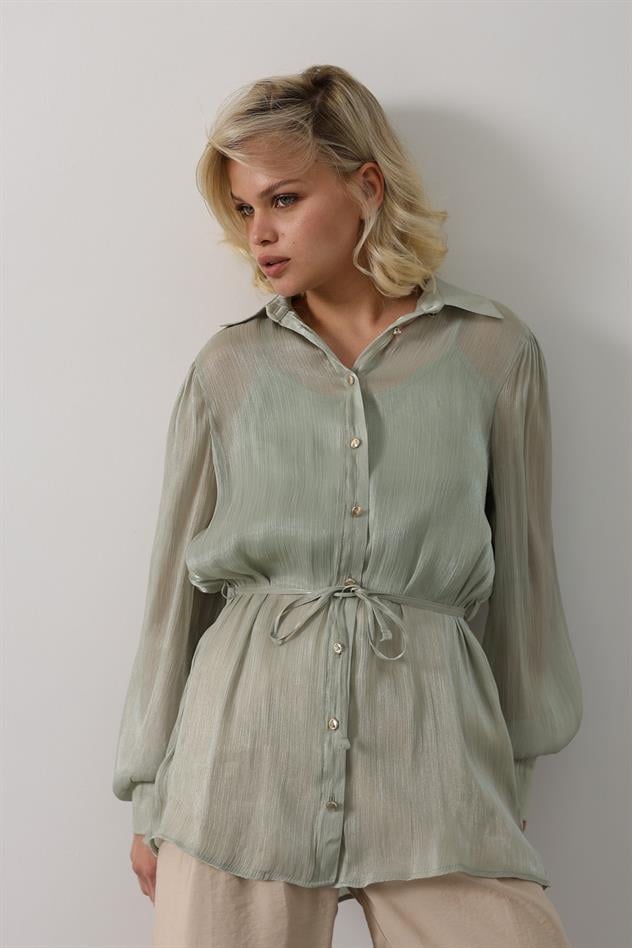 Belden Bağlamalı Uzun Kol Gömlek - Haki