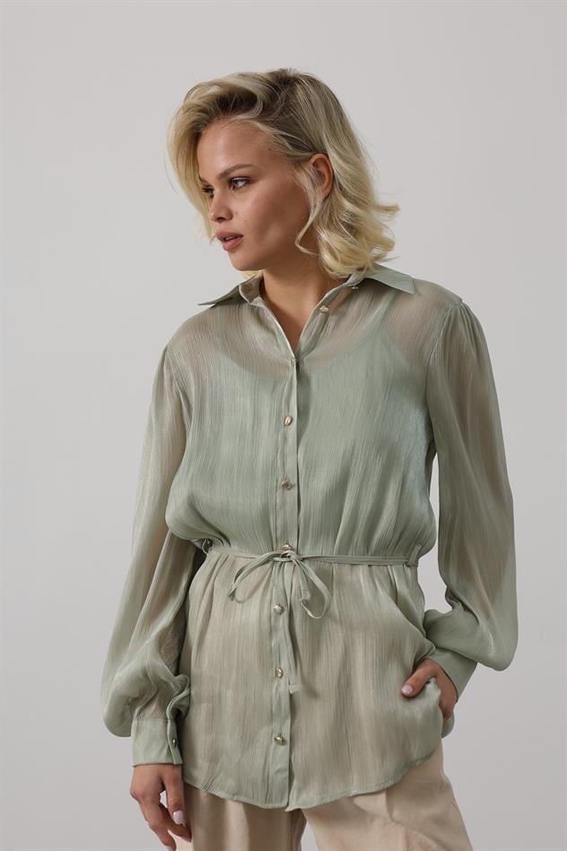 Belden Bağlamalı Uzun Kol Gömlek - Haki