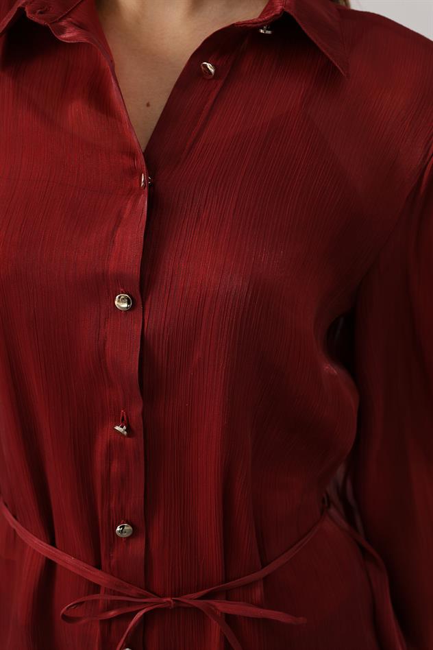 Belden Bağlamalı Uzun Kol Gömlek - Bordo