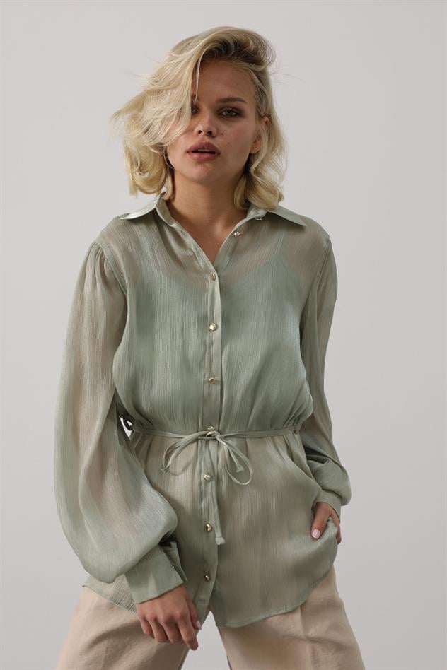 Belden Bağlamalı Uzun Kol Gömlek - Haki