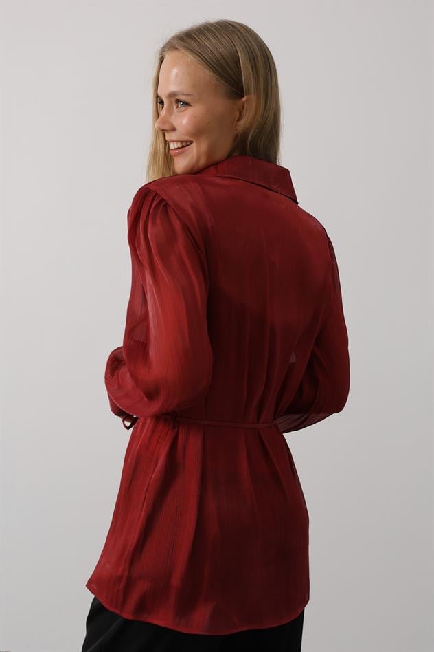 Belden Bağlamalı Uzun Kol Gömlek - Bordo