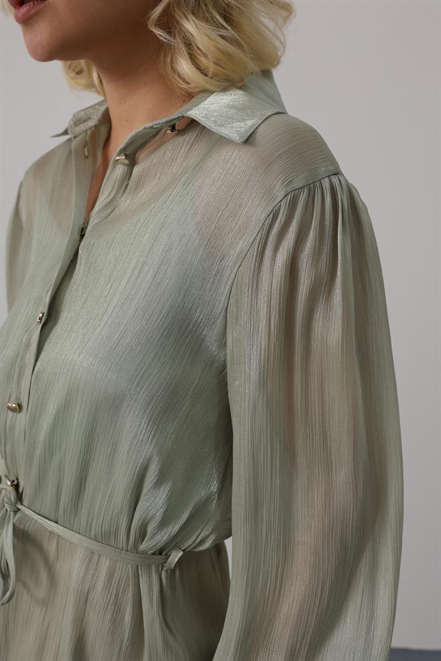 Belden Bağlamalı Uzun Kol Gömlek - Haki