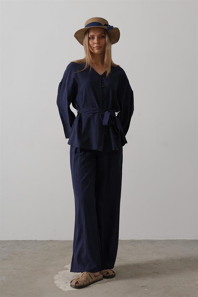 Beli Bağlamalı Tunik Ve Beli Bağlamalı Pantolon Takım - Lacivert