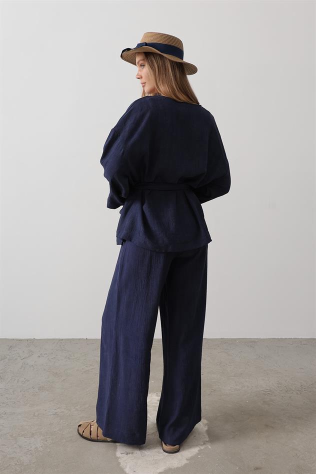 Beli Bağlamalı Tunik Ve Beli Bağlamalı Pantolon Takım - Lacivert