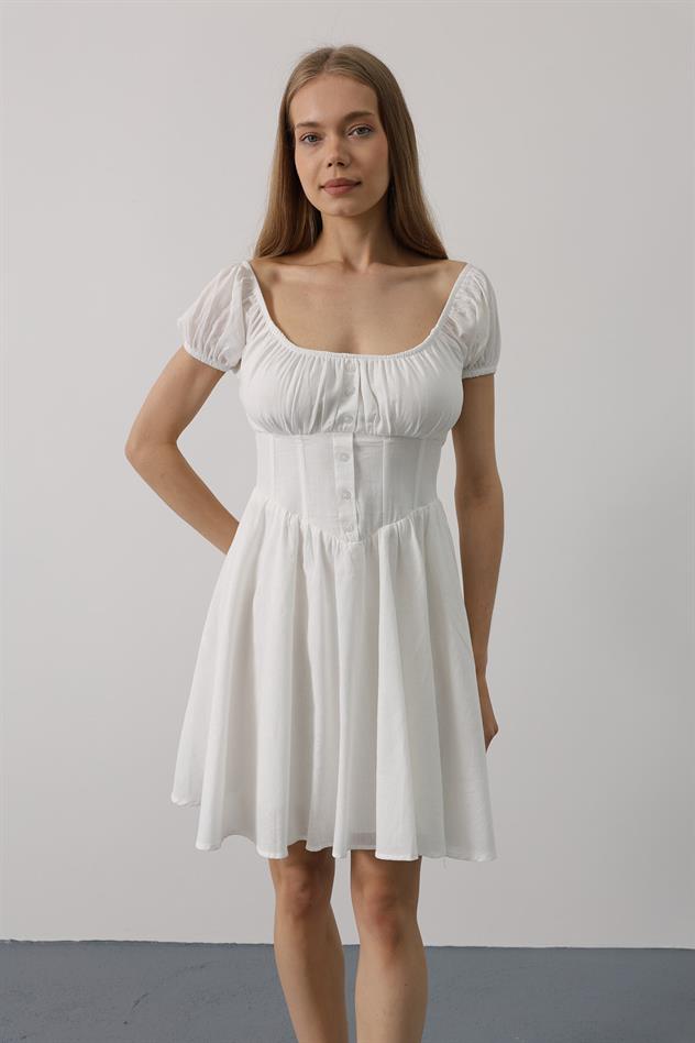 Beli Korseli Mini Elbise - Beyaz