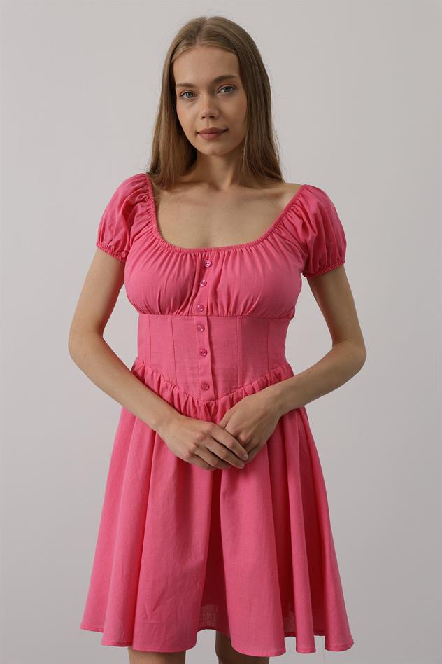 Beli Korseli Mini Elbise - Fuşya