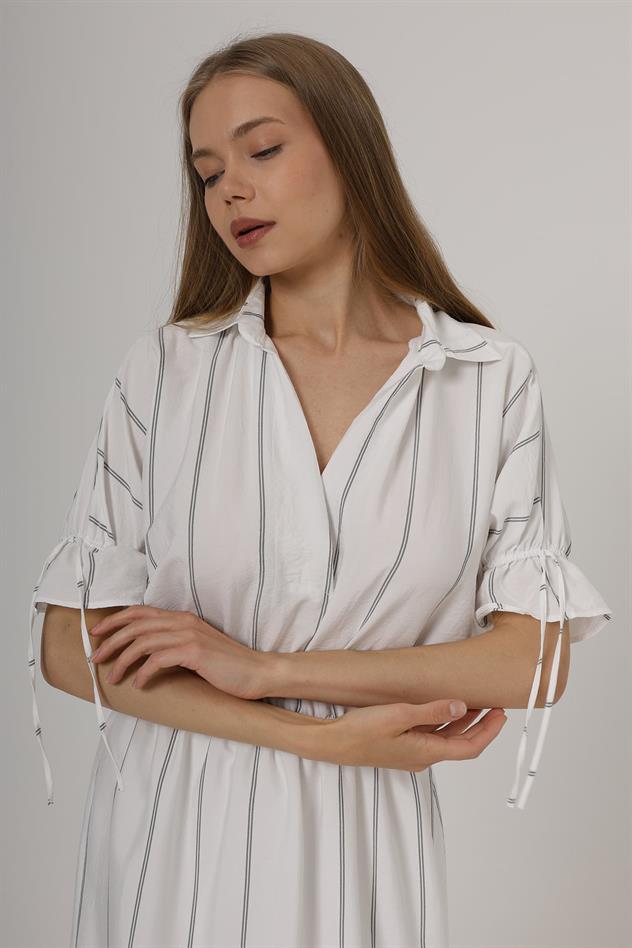 Beli Lastikli Elbise - Beyaz