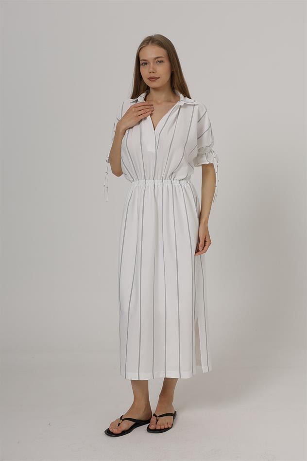 Beli Lastikli Elbise - Beyaz