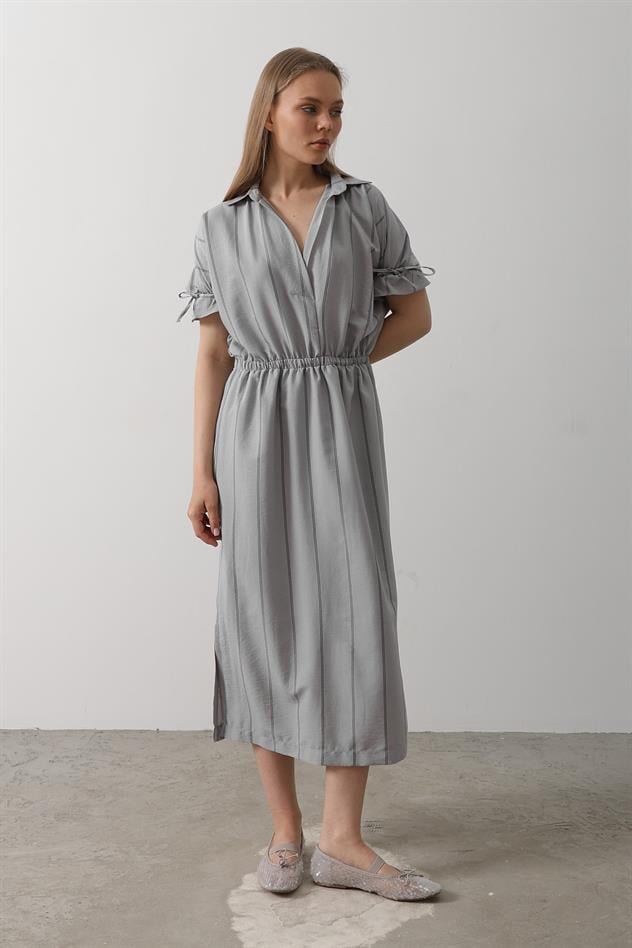 Beli Lastikli Elbise - Gri