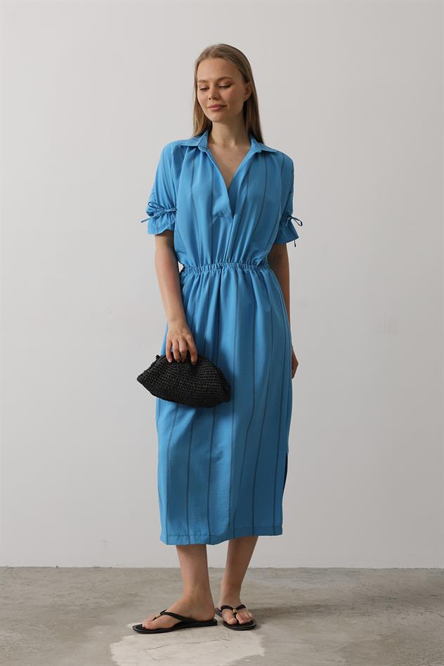 Beli Lastikli Elbise - Mavi