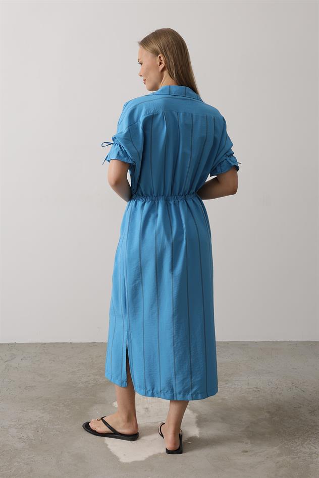 Beli Lastikli Elbise - Mavi