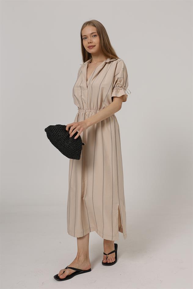 Beli Lastikli Elbise - Taş