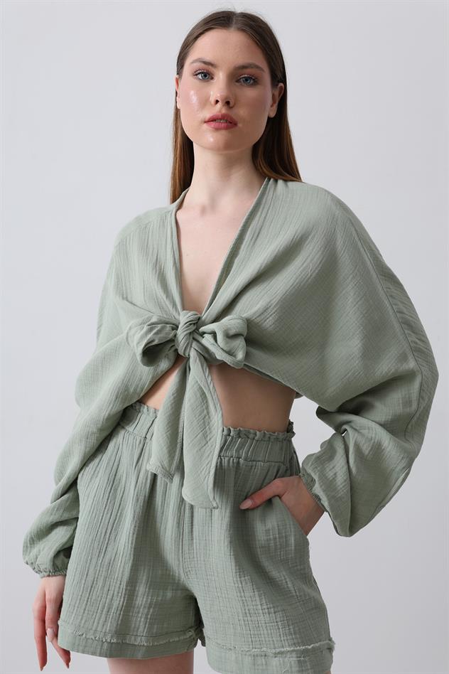 Önü Bağlama Detaylı Uzun Kollu Bluz - Haki