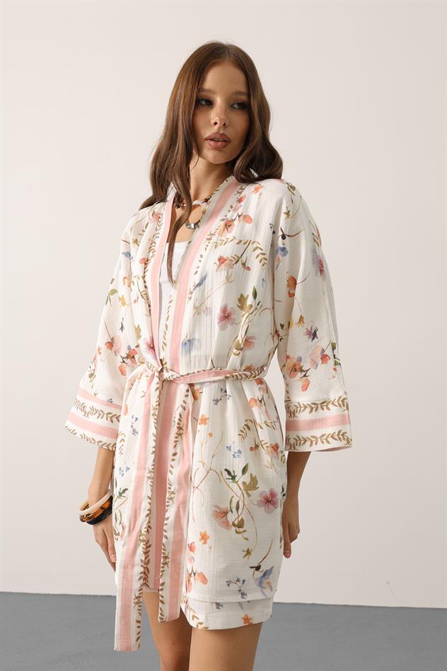 Bohem Desenli Bağlamalı Kimono - Çiçek Baskılı