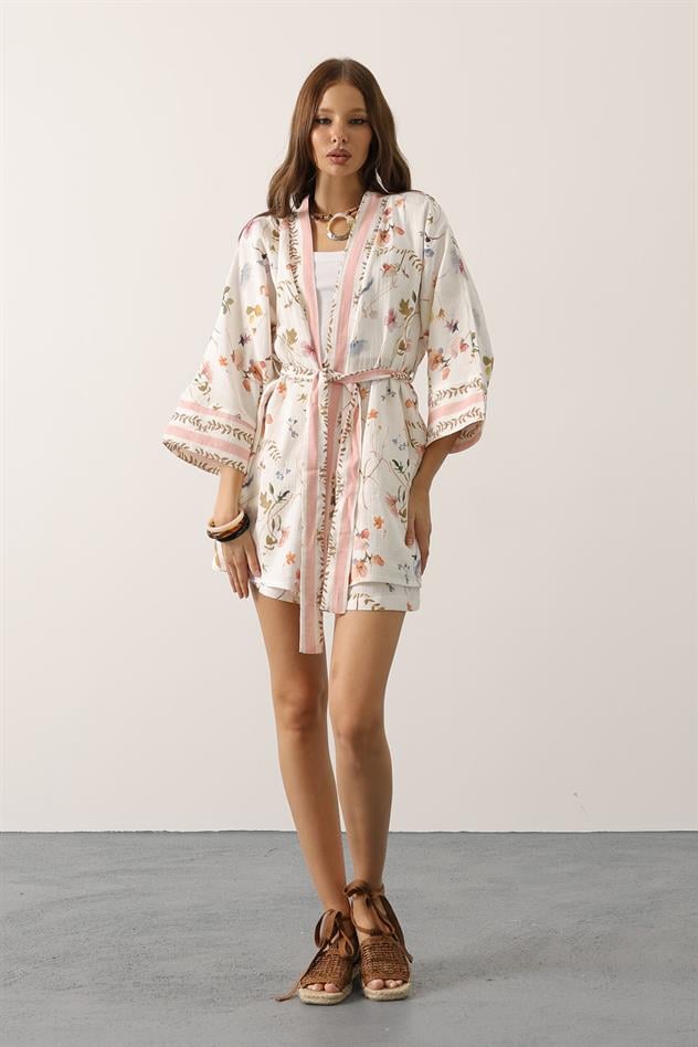 Bohem Desenli Bağlamalı Kimono - Çiçek Baskılı