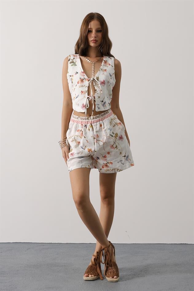 Bohem Desenli Bağlamalı Yelek - Çiçek Baskılı
