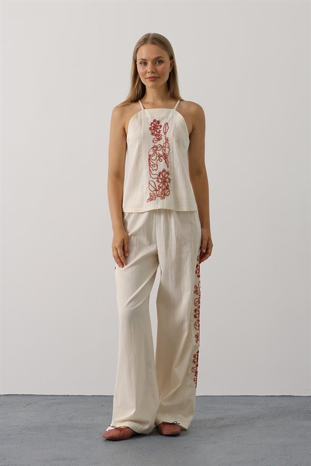 Boncuk İşlemeli Askılı Pantolon Takım - Natür
