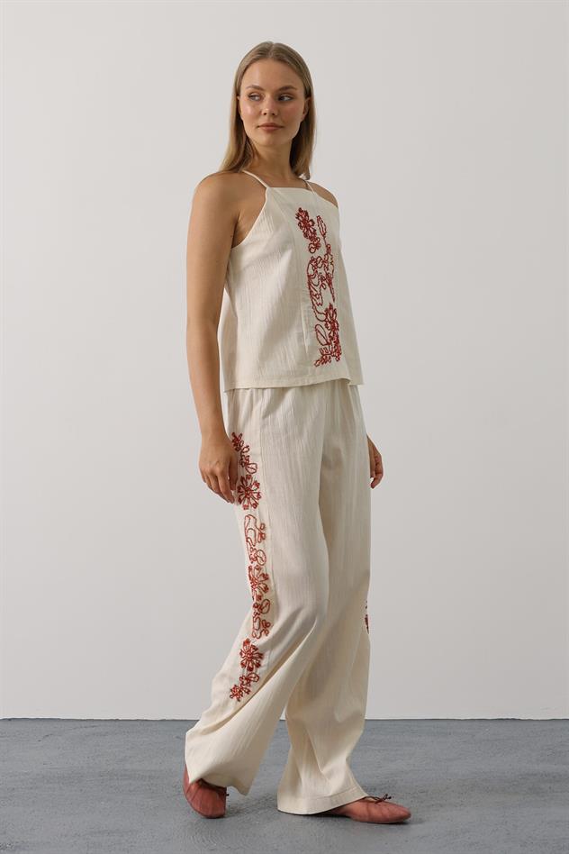 Boncuk İşlemeli Askılı Pantolon Takım - Natür