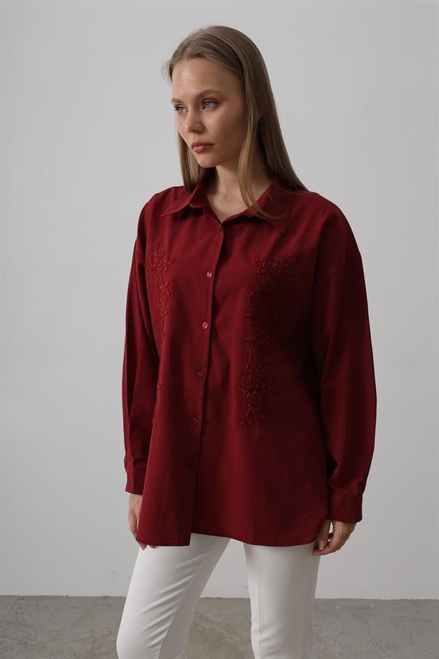 Boncuk Nakış Detaylı uzun Gömlek - Bordo