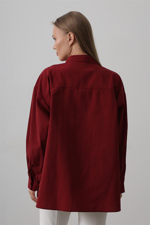 Boncuk Nakış Detaylı uzun Gömlek - Bordo