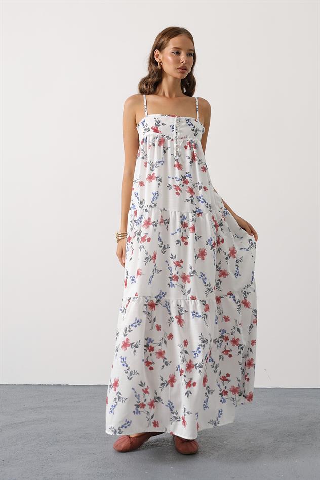 çiçek desen askı detaylı cok katlı elbise - Kırmızı