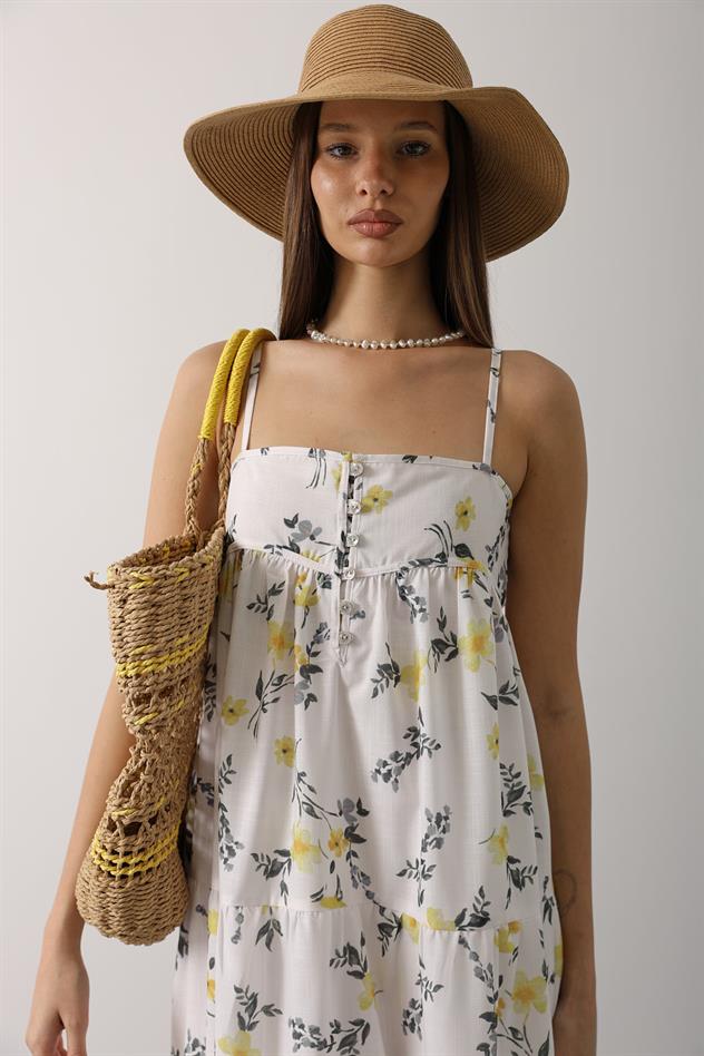 çiçek desen askı detaylı cok katlı elbise - Sarı